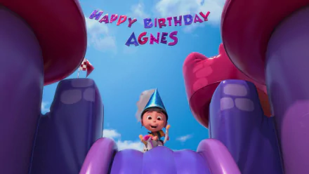 HD desktop wallpaper from Despicable Me 2 featuring Agnes wearing a party hat atop a slide with balloons and a Happy Birthday Agnes banner in the sky.