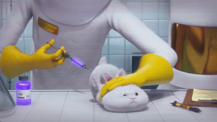 HD PC desktop wallpaper from the movie Despicable Me 2, featuring Dr. Nefario preparing a gadget while petting a white, fluffy animal in a lab setting.