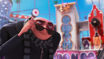 HD PC desktop wallpaper featuring Gru from Despicable Me 2, showcasing the animated character adjusting his sunglasses against a vibrant movie background.