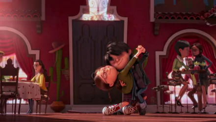 HD PC desktop wallpaper of Margo from the movie Despicable Me 2, caught mid-dip and smiling in a warm, colorful café scene.