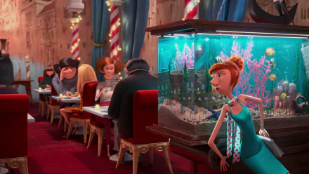 HD PC desktop wallpaper from Despicable Me 2 featuring characters Lucy and Gru in a festive indoor setting with an aquarium centerpiece.