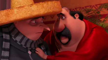 HD PC desktop wallpaper featuring Eduardo/El Macho and Gru from the movie Despicable Me 2 in an intense close-up scene.