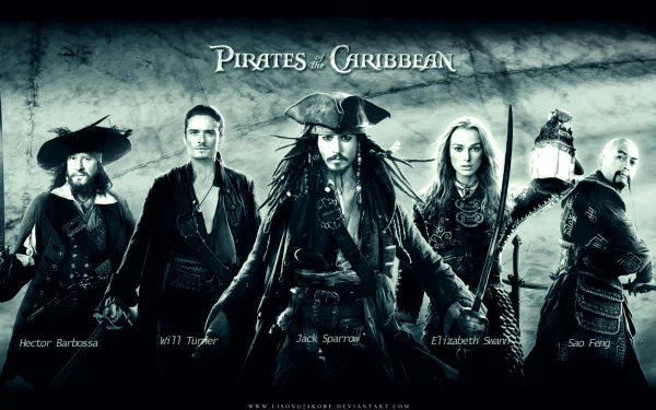 HD desktop wallpaper featuring characters from the movie Pirates of the Caribbean, including Hector Barbossa, Will Turner, Jack Sparrow, Elizabeth Swann, and Sao Feng, against a stormy background.
