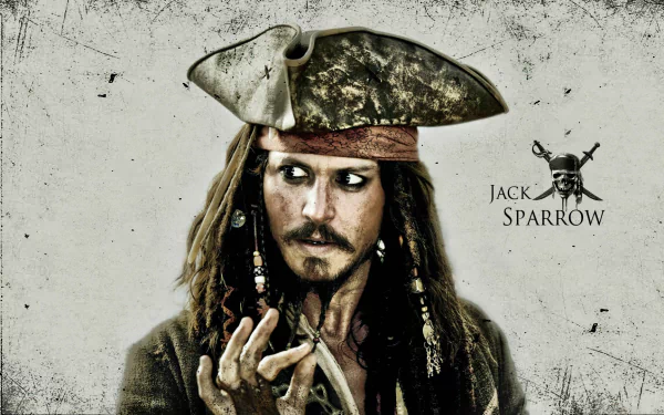 HD desktop wallpaper featuring the character Jack Sparrow from the movie Pirates of the Caribbean. The image showcases a detailed portrayal of Jack Sparrow in pirate attire with text and a skull logo.