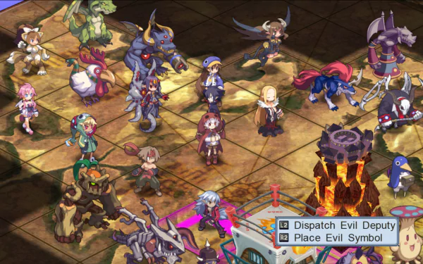 HD wallpaper of characters from Disgaea 3: Absence of Justice gathered in a strategic game scene.