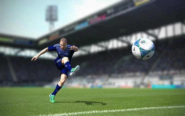 Action-packed scene from FIFA 14 featuring a player striking a soccer ball on a vibrant green field, under stadium lights, designed as an HD PC desktop wallpaper.