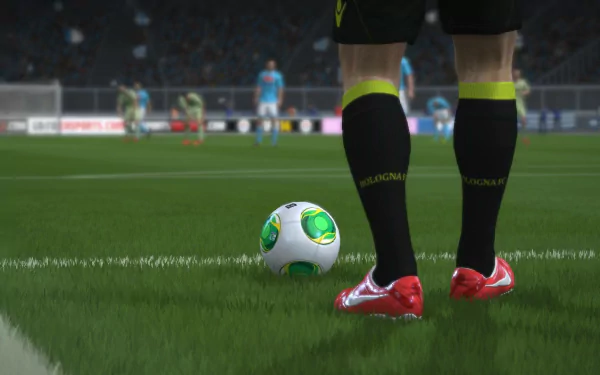 A player stands near a corner flag, poised to take a kick, with a vibrant soccer ball on the field. This HD wallpaper captures the excitement of FIFA 14 gameplay.
