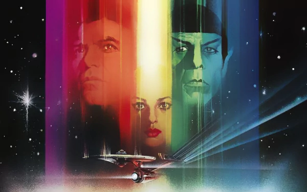 HD PC desktop wallpaper featuring iconic characters and the starship from Star Trek: The Motion Picture in a vibrant, colorful space-themed design.