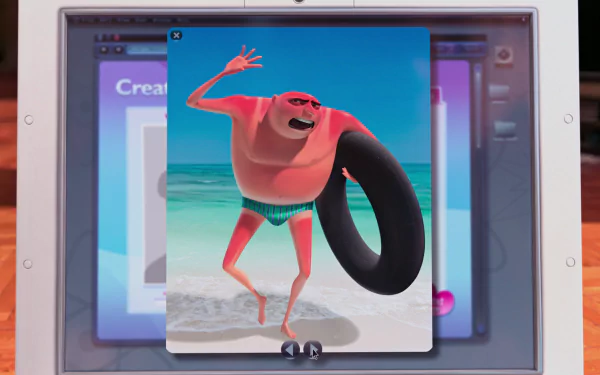 HD PC desktop wallpaper featuring an animated character from Despicable Me 2, showing a muscular pink figure with sunglasses and a swim ring on a beach background.