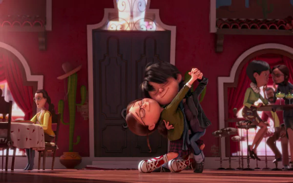 HD PC desktop wallpaper of Margo from the movie Despicable Me 2, caught mid-dip and smiling in a warm, colorful café scene.