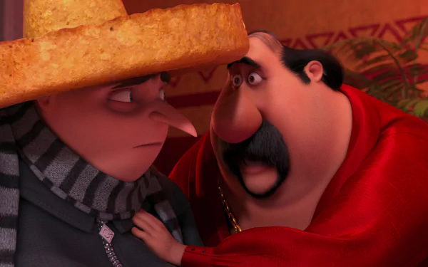 HD PC desktop wallpaper featuring Eduardo/El Macho and Gru from the movie Despicable Me 2 in an intense close-up scene.