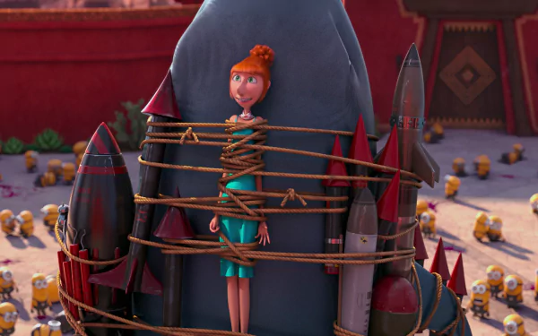 HD desktop wallpaper featuring Lucy from Despicable Me 2 tied to a rocket, surrounded by Minions from the Despicable Me movie series.