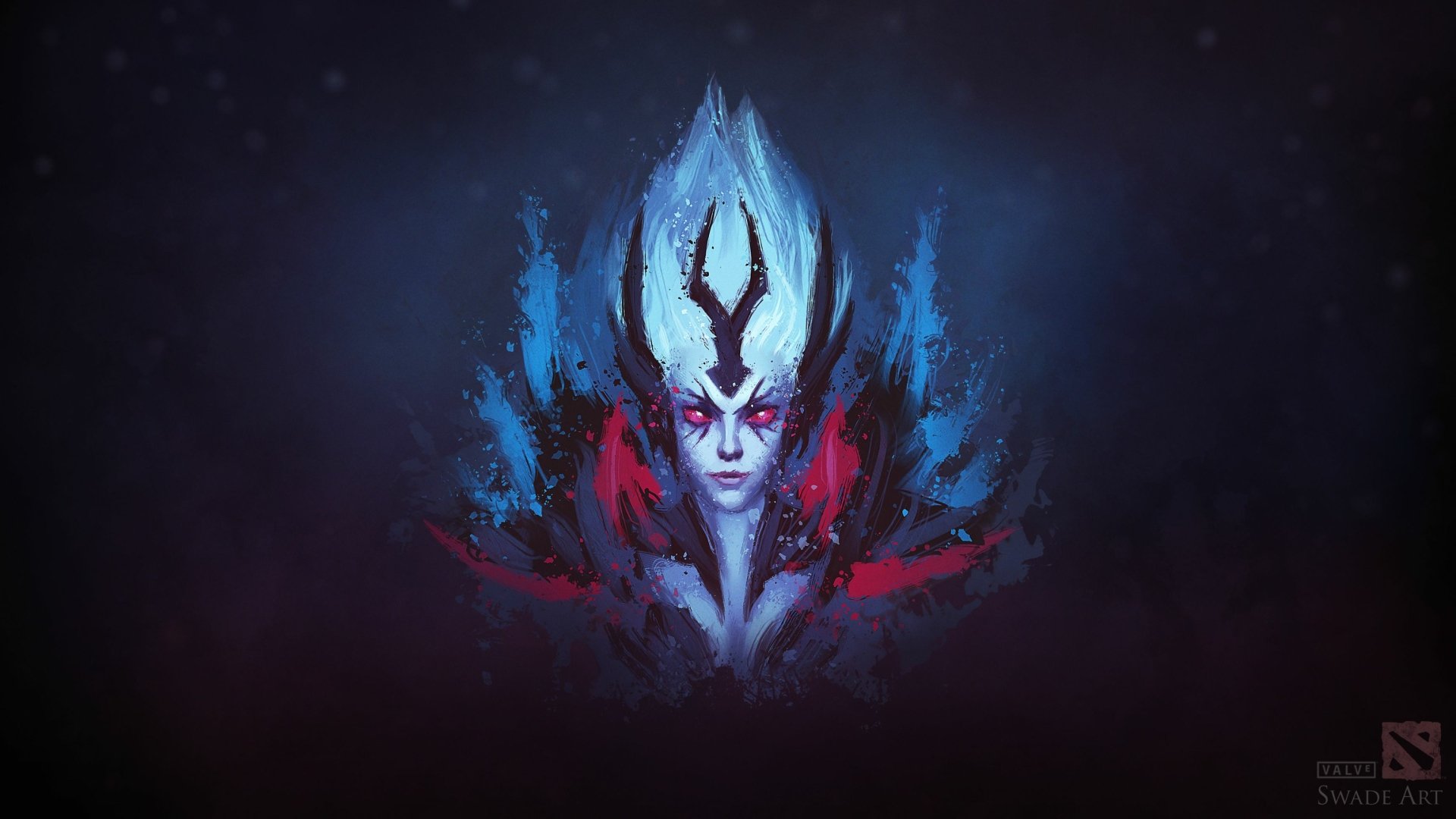 HD PC desktop wallpaper featuring a dark, stylized portrait of a character from the video game DotA 2 with icy blue and red hues.
