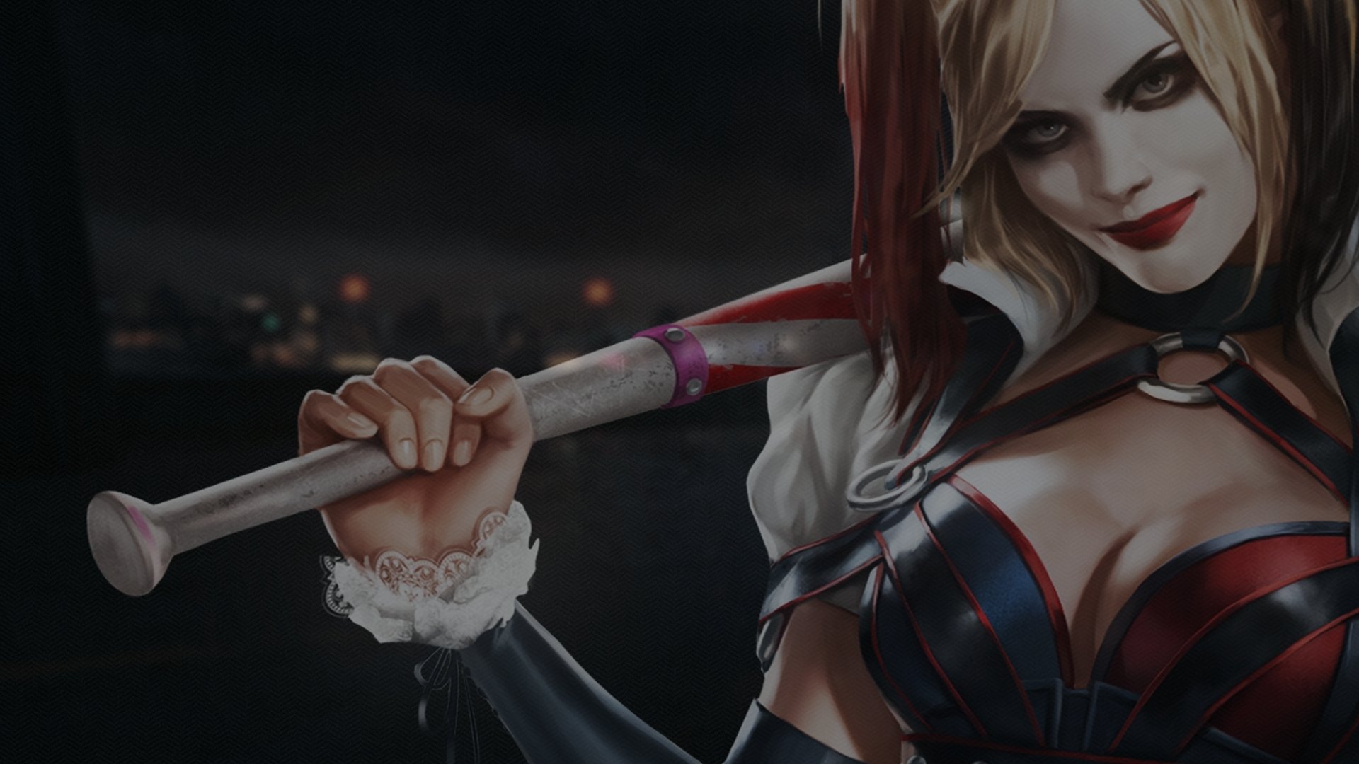 HD PC desktop wallpaper from the video game Batman: Arkham City featuring Harley Quinn wielding a bat with a dark cityscape in the background.