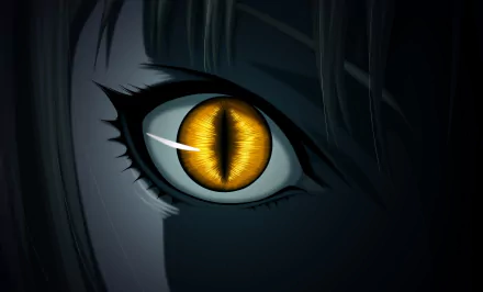 Close-up of a dark anime character's eye featuring striking yellow irises, inspired by Claymore. This HD image captures eerie intensity against a dark background.
