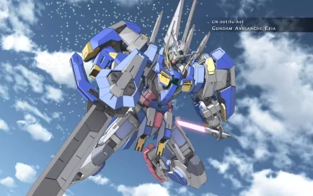 HD desktop wallpaper featuring a detailed illustration of a Gundam Avalanche Exia from the anime series Mobile Suit Gundam 00, set against a dynamic sky background with clouds.
