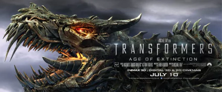 A stunning HD wallpaper featuring the fierce dragon from Transformers: Age of Extinction, showcasing its metallic texture and glowing eyes, with release details below.