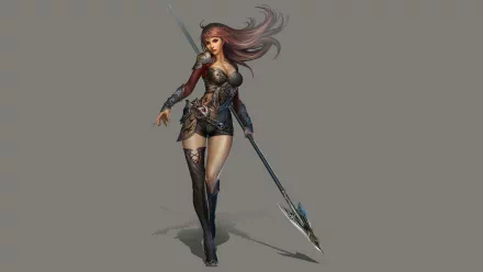 HD desktop wallpaper of a fantasy woman warrior wielding a spear, dressed in ornate armor with long flowing hair, set against a neutral background.