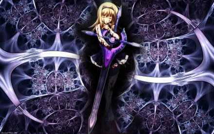 Anime-inspired HD wallpaper featuring a character from Chaos;Head, holding a dark sword amidst a vibrant, swirling purple and black background.