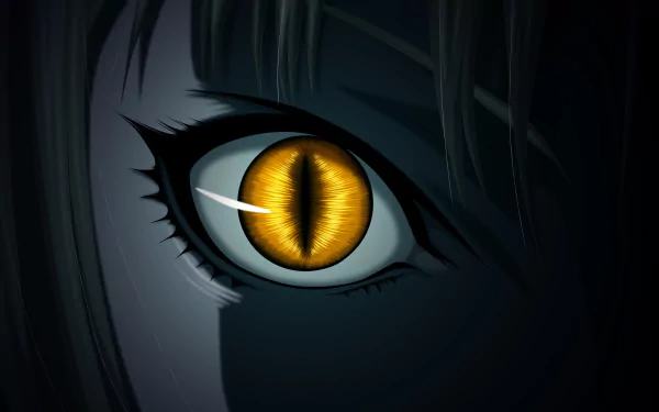 Close-up of a dark anime character's eye featuring striking yellow irises, inspired by Claymore. This HD image captures eerie intensity against a dark background.