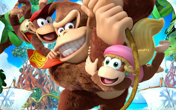HD PC desktop wallpaper: Donkey Kong, Diddy Kong and Dixie swinging through a bright tropical level from the video game Donkey Kong Country: Tropical Freeze.