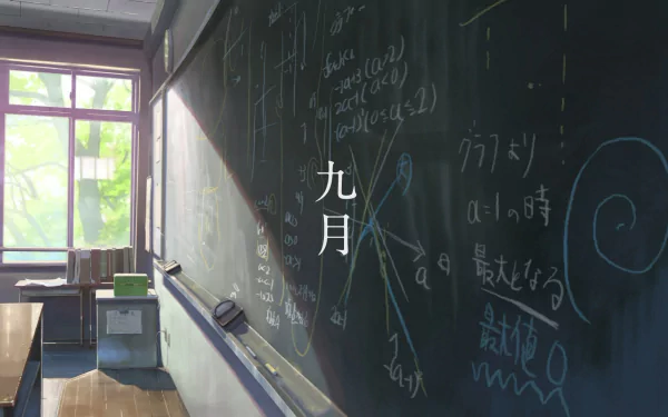 HD desktop wallpaper featuring a classroom scene with a chalkboard from The Garden of Words anime.