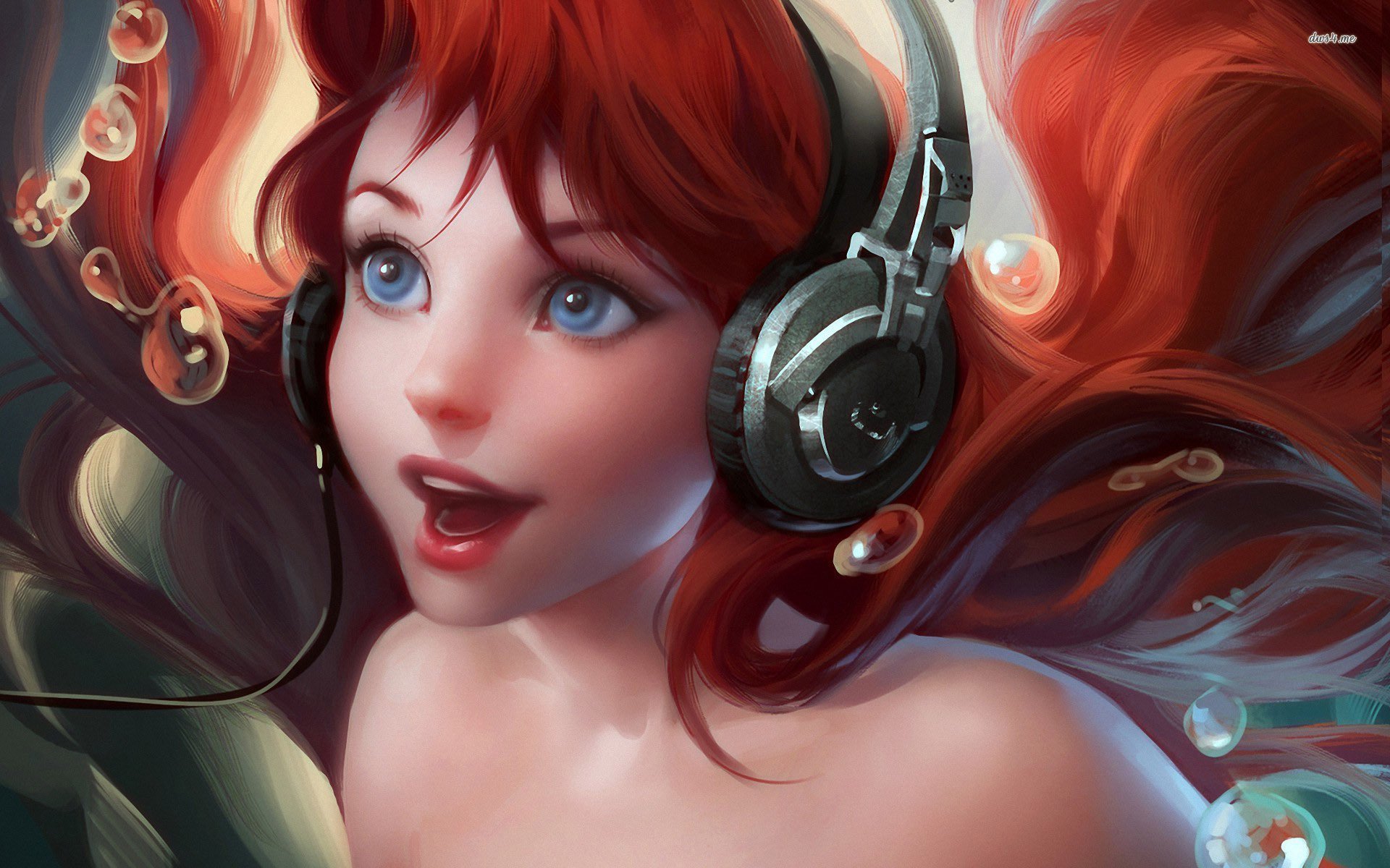 Download Headphones The Little Mermaid Red Hair Ariel (The Little Mermaid)  Mermaid Movie The Little Mermaid (1989) HD Wallpaper by Sakimichan