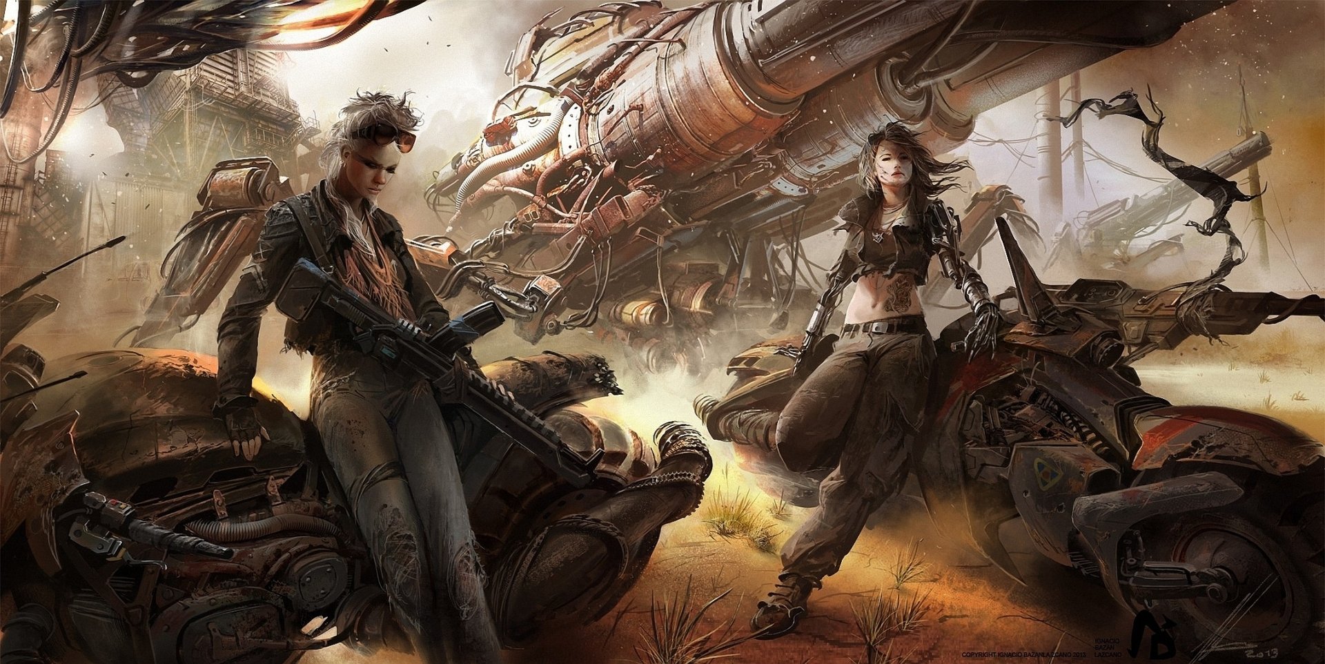 A fierce woman warrior in cyberpunk style, adorned with warpaint and tattoos, stands confidently with a rifle amidst a post-apocalyptic landscape filled with machinery and motorcycles.