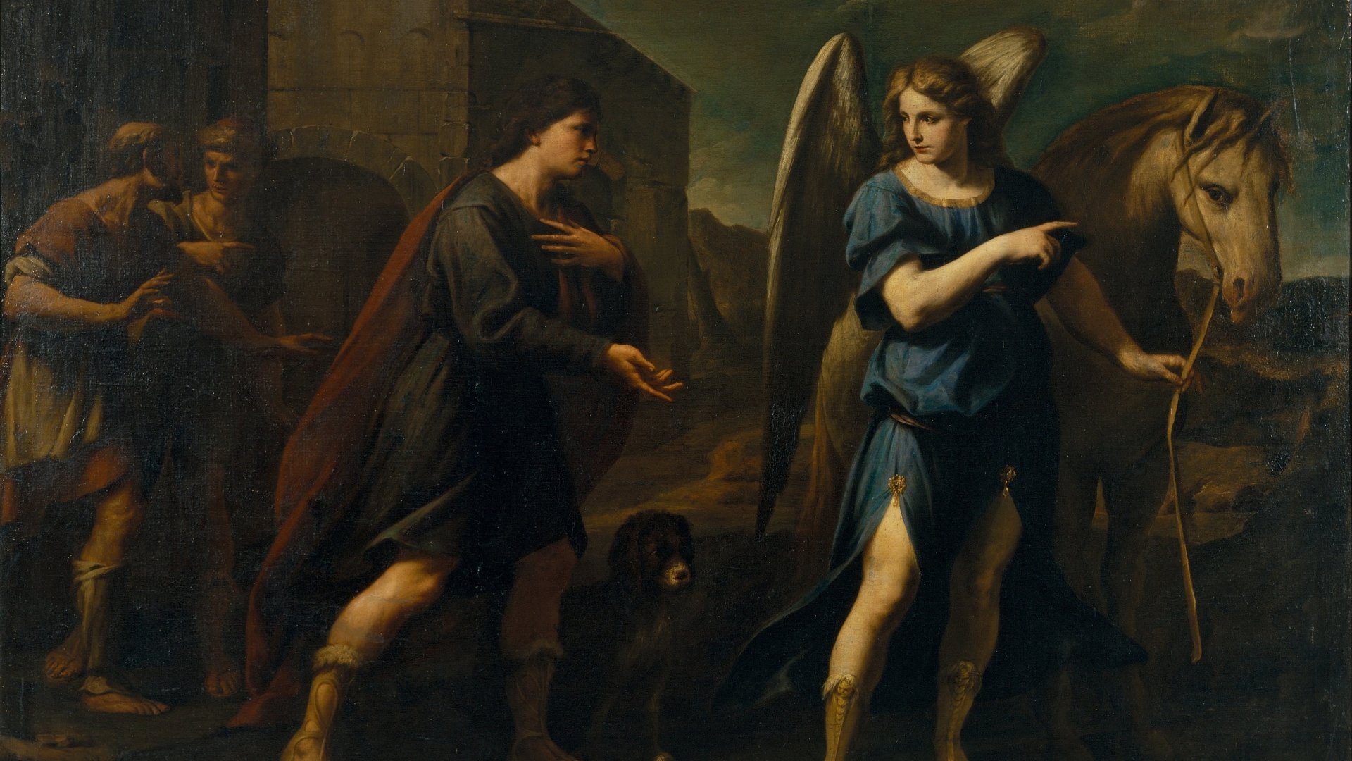 4K Ultra HD PC desktop wallpaper: fantasy scene of an angel guiding a traveler beside a horse through shadowed classical ruins.