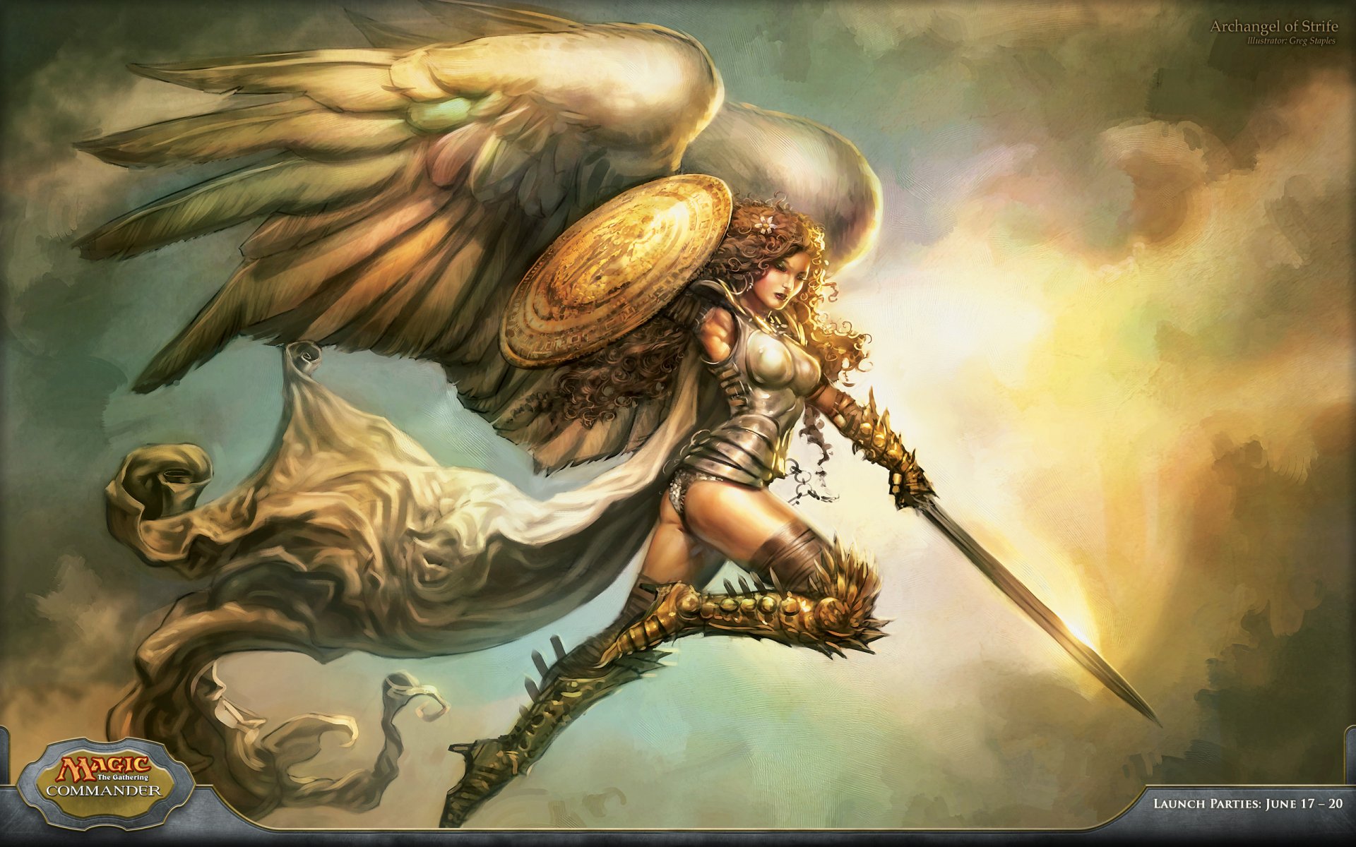 A powerful angelic figure with wings and armor wields a sword and shield, set against a dramatic sky, embodying the fantasy themes of Magic: The Gathering in this HD desktop wallpaper.
