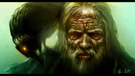 HD fantasy desktop wallpaper featuring a weathered fantasy warrior with glowing eyes and intricate face markings, accompanied by a dark, mystical crow.