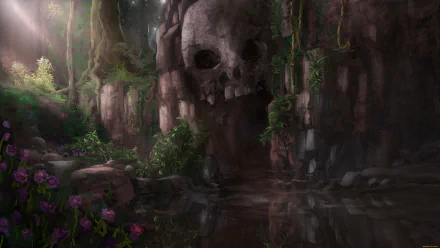 A dark, atmospheric scene featuring a massive skull-shaped rock formation partially covered by vines, reflected in still water, rendered in 4K Ultra HD for PC desktop wallpaper.