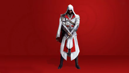 A striking HD wallpaper featuring a character from Assassin's Creed: Brotherhood, standing confidently against a bold red background, embodying the essence of the popular video game series.