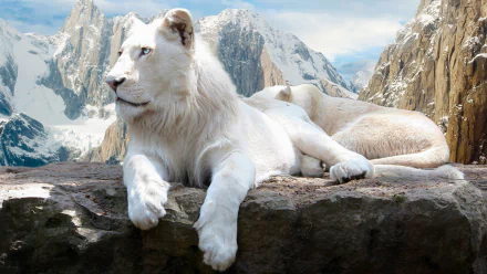 HD wallpaper featuring a majestic white lion lounging on a rocky ledge, set against a backdrop of towering snow-capped mountains.