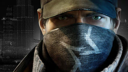 Close-up HD PC desktop wallpaper featuring Aiden Pearce from the video game Watch Dogs, wearing a cap and face mask with a digital cityscape in the background.