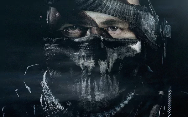 HD desktop wallpaper featuring a character from the video game Call of Duty: Ghosts. The character is shown wearing a mask with a skull design, highlighting a dark and intense atmosphere.