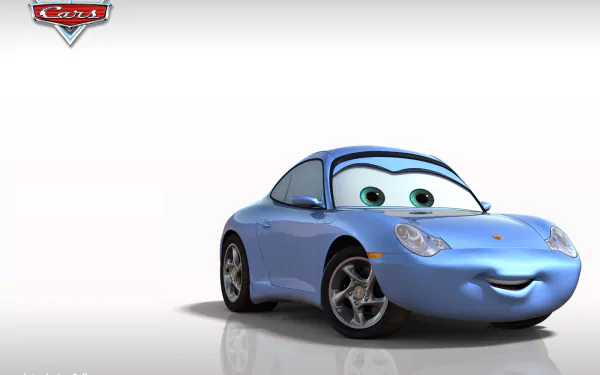 HD desktop wallpaper featuring a smiling blue car character from Pixar's Cars movie against a clean white background.