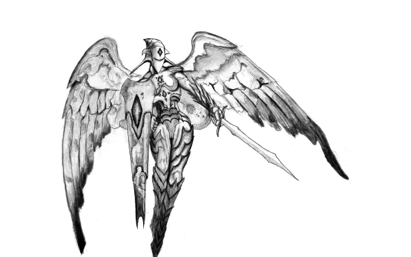 Black and white illustration of a fantasy angel warrior with large wings, armored body, and a sword, designed as an 8K Ultra HD PC desktop wallpaper and background.