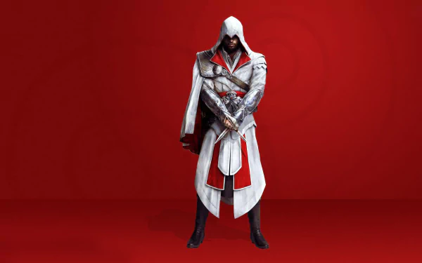 A striking HD wallpaper featuring a character from Assassin's Creed: Brotherhood, standing confidently against a bold red background, embodying the essence of the popular video game series.
