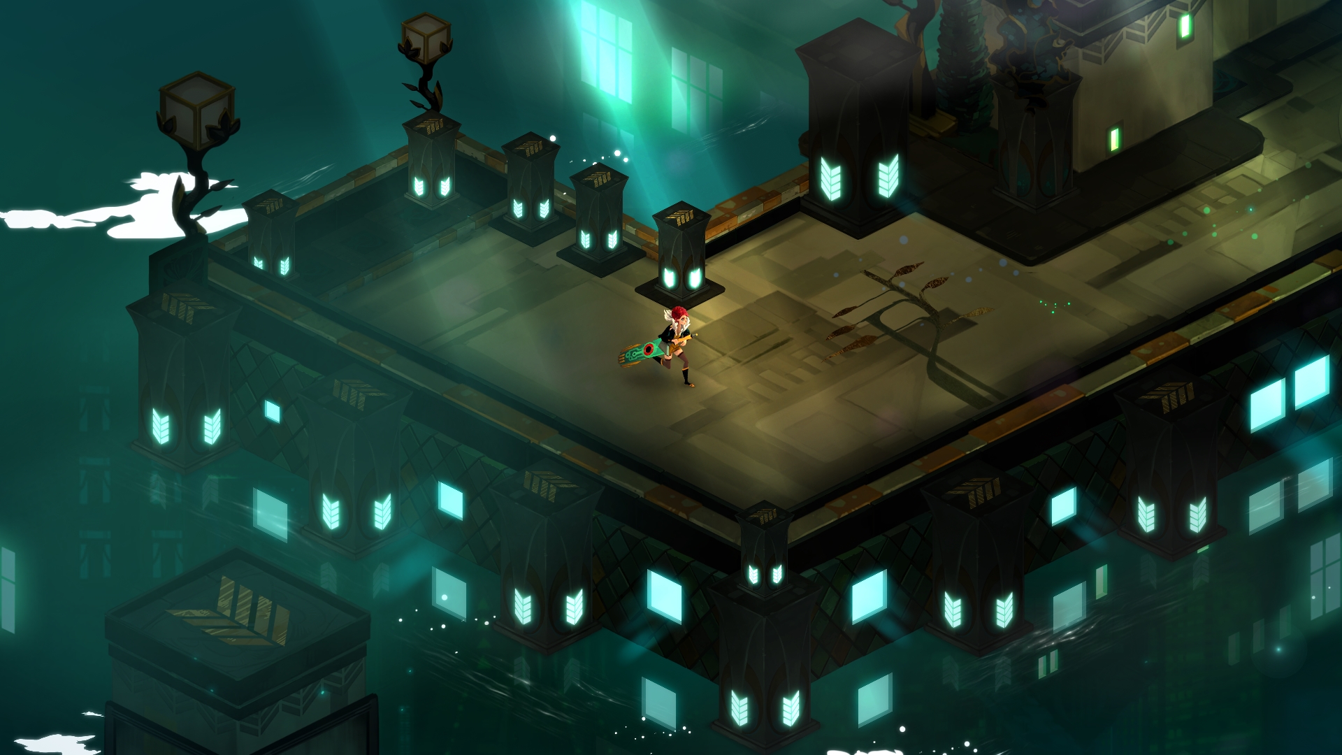 HD desktop wallpaper featuring a scene from the game Transistor with the main character holding a large sword, standing on a futuristic platform.