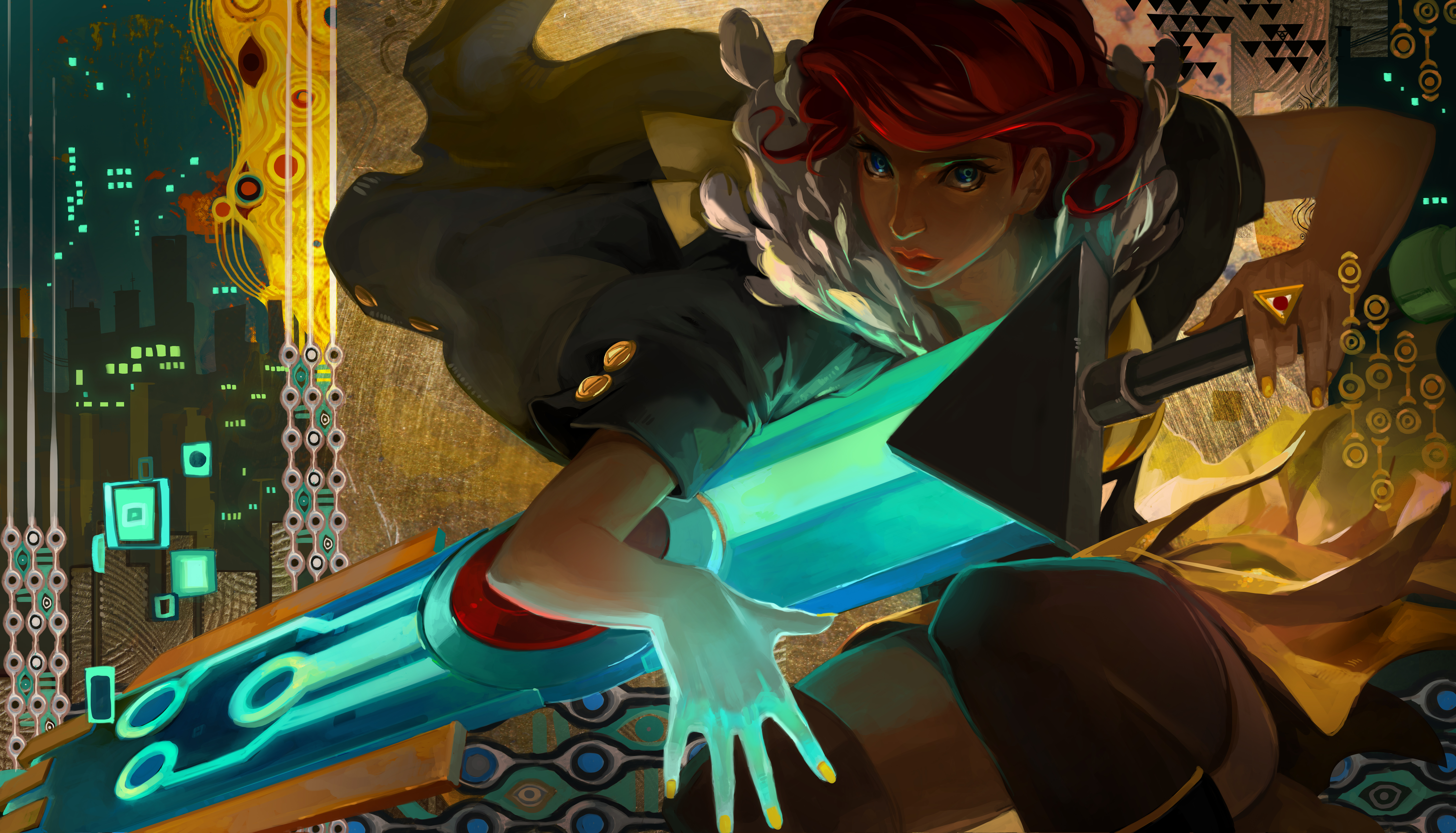 HD wallpaper of Red wielding a sword from the game Transistor, set against a vibrant, futuristic backdrop.