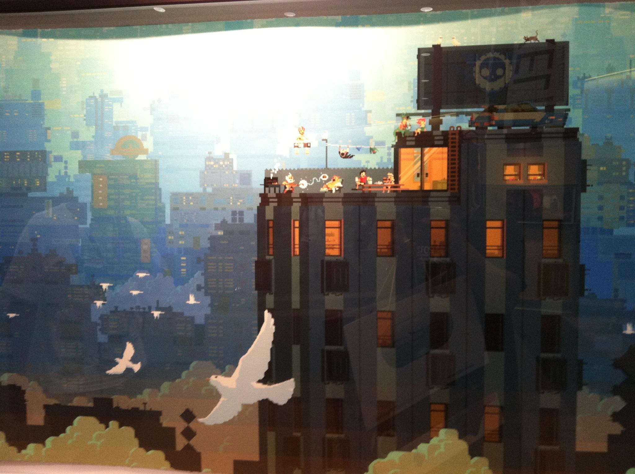 HD desktop wallpaper featuring a stylized building from the game Transistor with a pixel-art cityscape background and birds in flight.