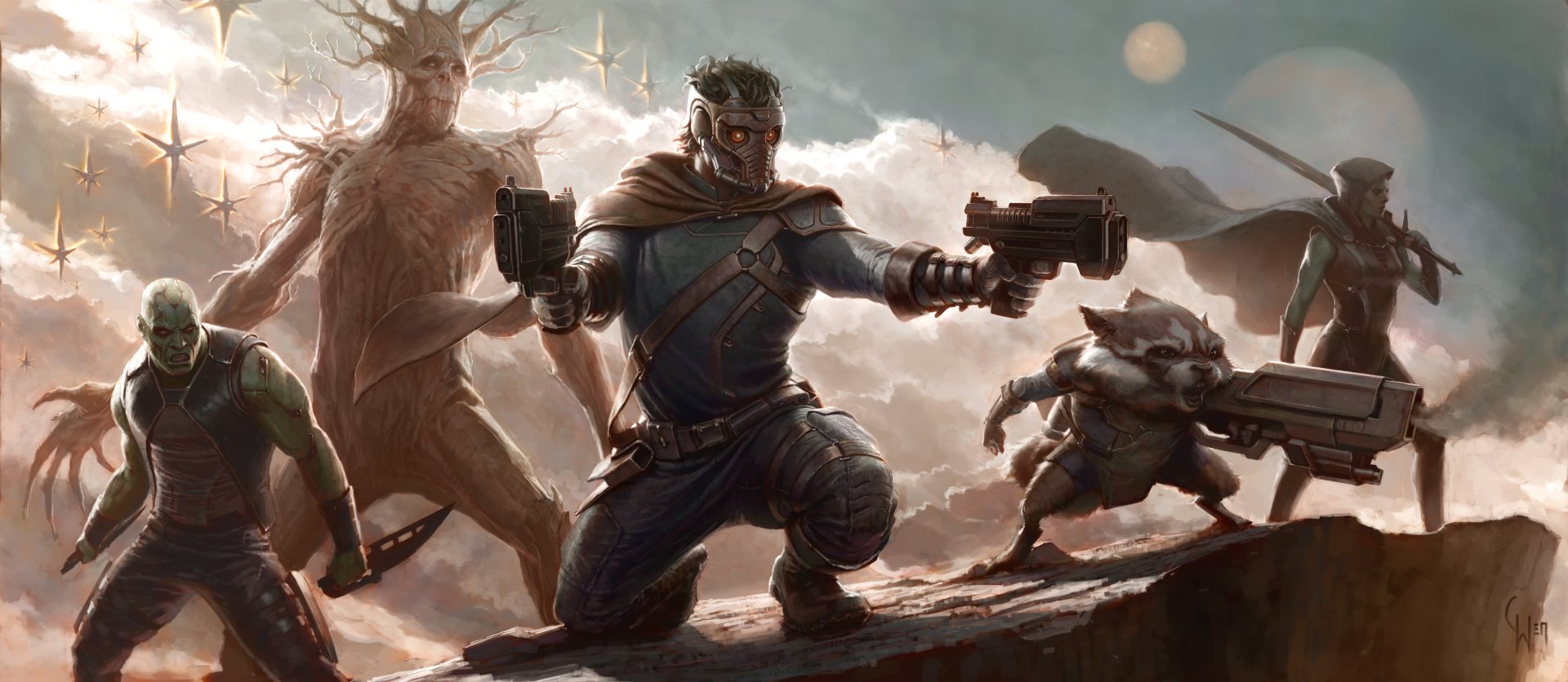 HD desktop wallpaper featuring Star Lord, Rocket Raccoon, and Groot from the movie Guardians of the Galaxy, depicting them in a dynamic action scene against a dramatic backdrop.