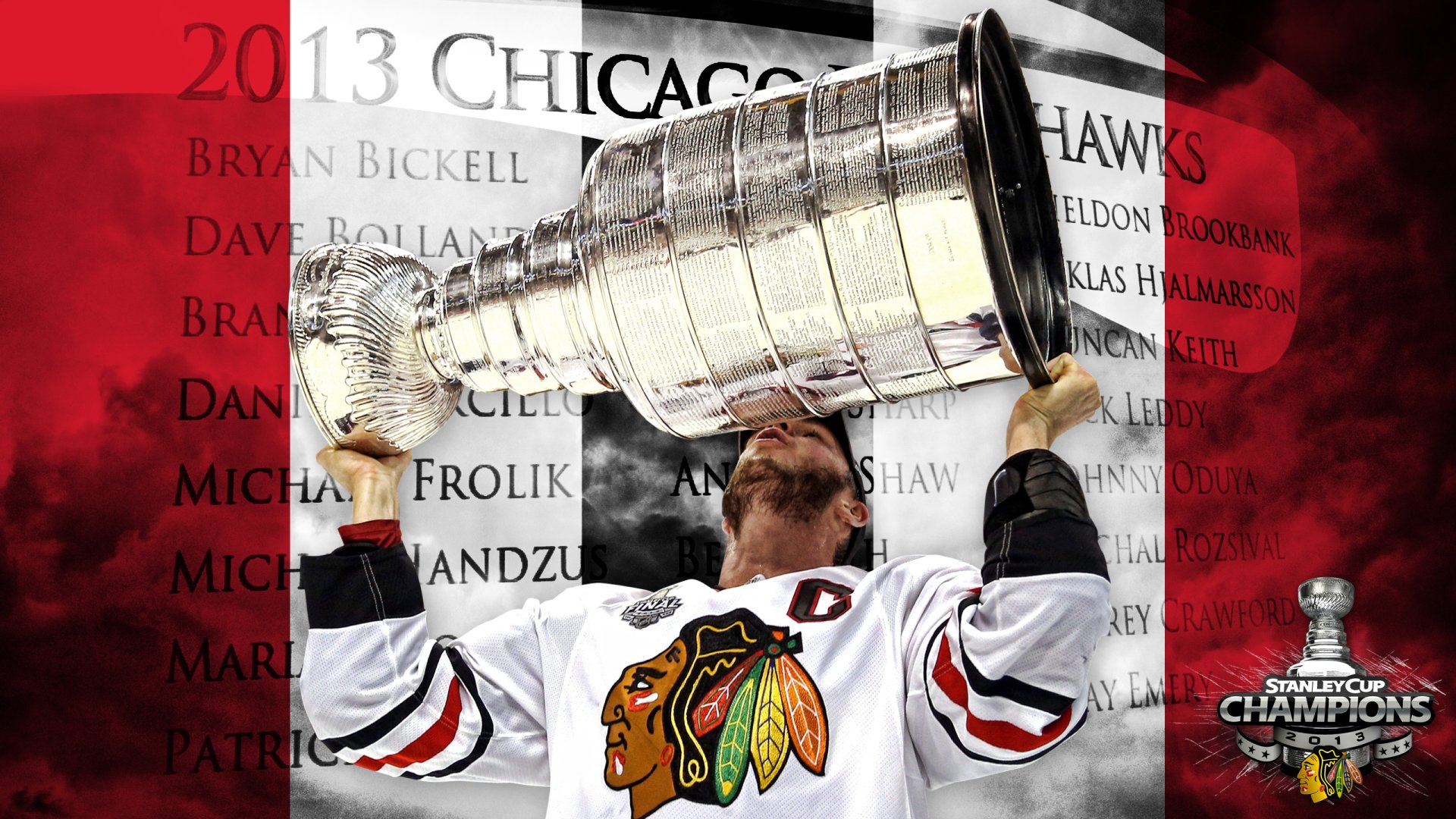 Chicago Blackhawks sports 2K Quad HD PC desktop wallpaper: player in white Blackhawks jersey hoists the Stanley Cup over a red-and-black backdrop with championship text