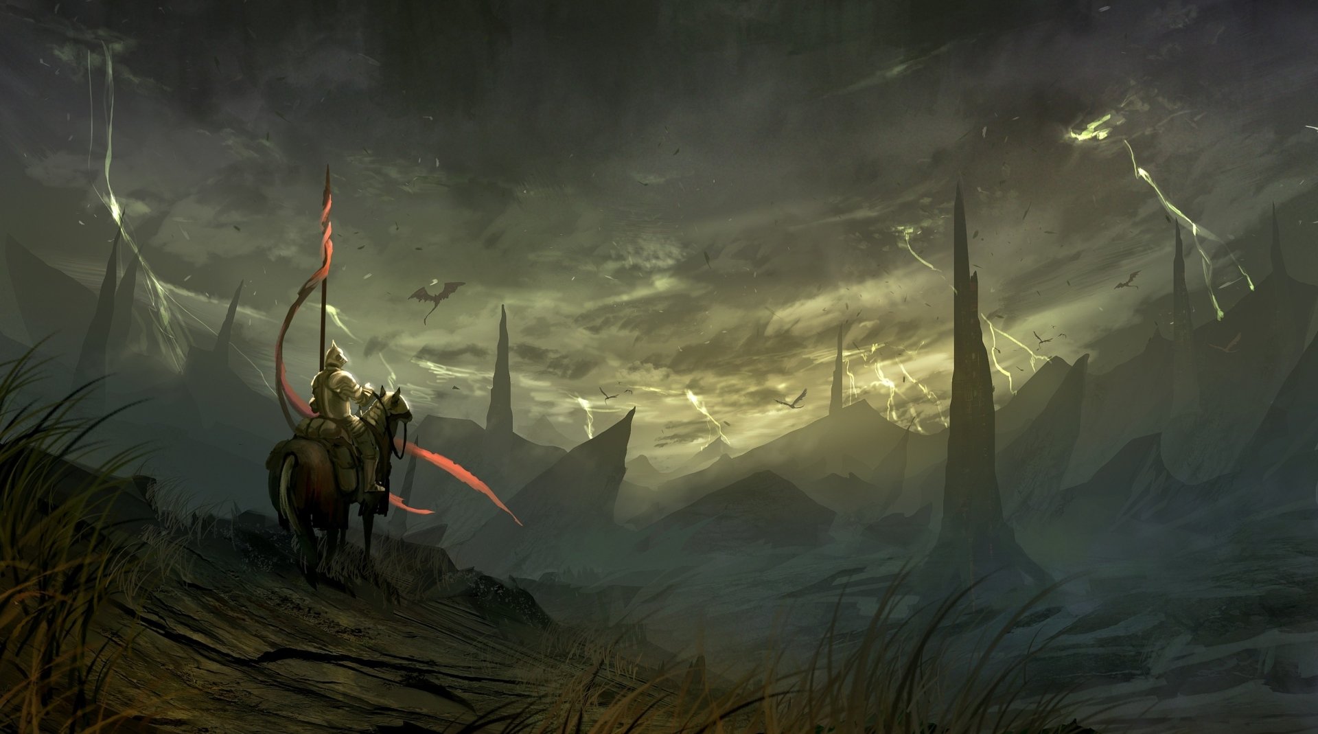 Dark fantasy landscape with a lone armored rider on horseback holding a red banner, set against jagged mountains and a stormy, ominous sky in this HD PC desktop wallpaper.