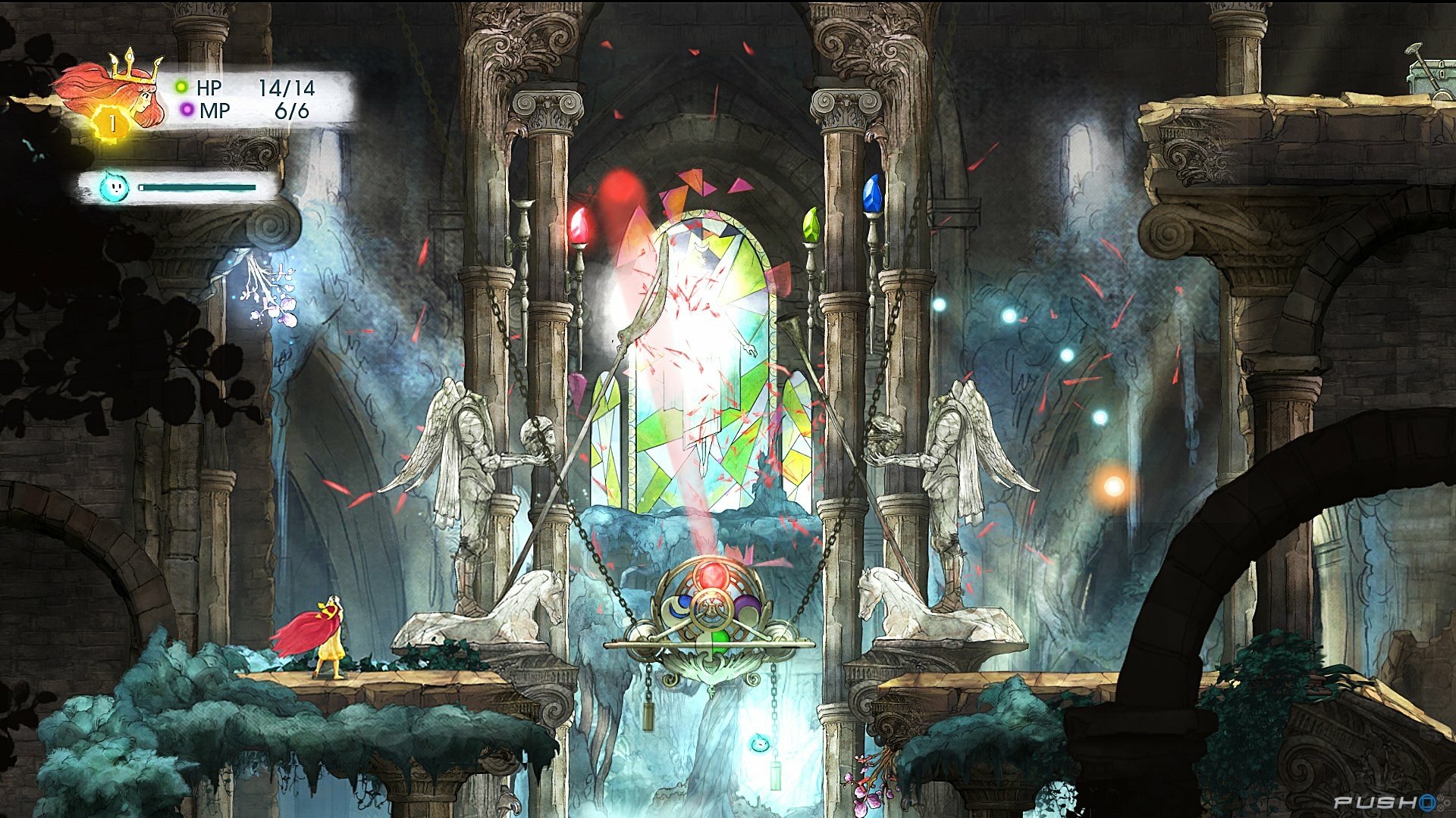 HD desktop wallpaper from 'Child of Light' featuring a mystical scene with a stained glass window and fantasy architecture.
