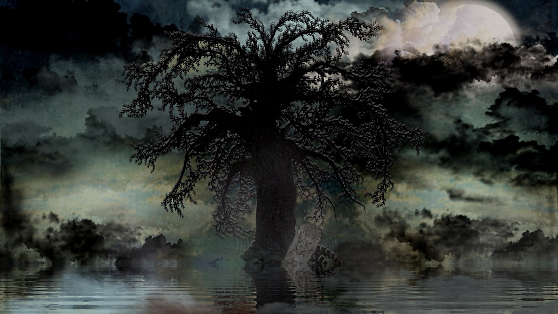 Dark, eerie landscape featuring a twisted tree silhouetted against a cloudy sky and full moon, reflected in still water, evoking themes of death and mystery in HD quality.