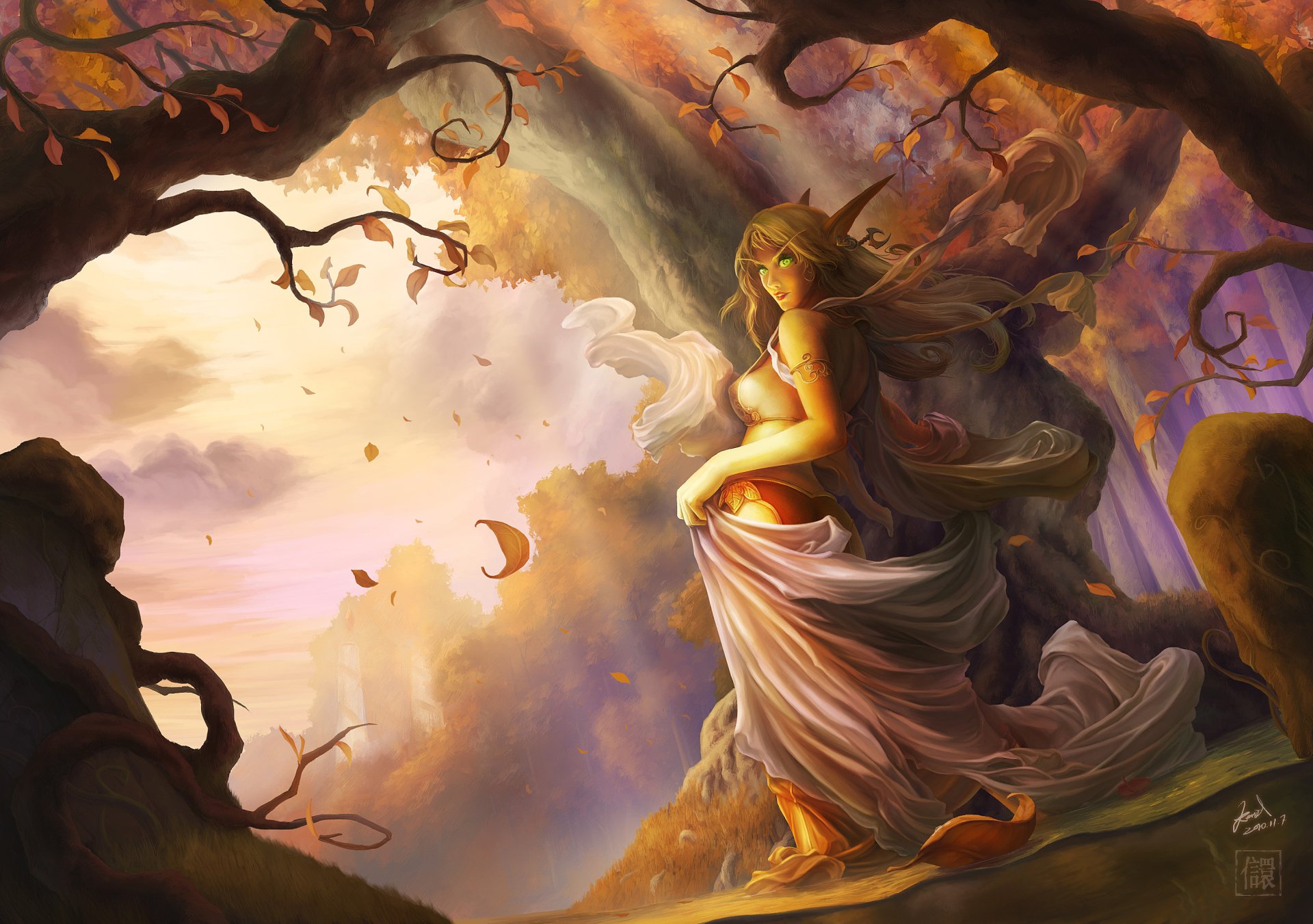 A captivating HD desktop wallpaper inspired by World of Warcraft, featuring a mystical figure amidst an enchanting autumn landscape with soft light and fluttering leaves.