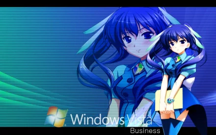 A vibrant HD anime wallpaper featuring Os-tan, showcasing a character with long blue hair in a stylish outfit. The backdrop includes the Windows Vista logo.