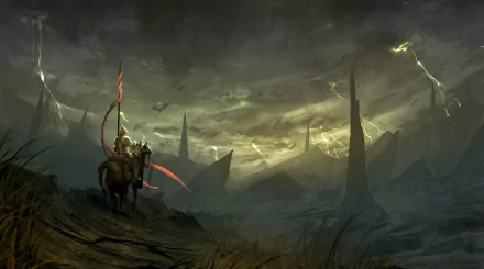 Dark fantasy landscape with a lone armored rider on horseback holding a red banner, set against jagged mountains and a stormy, ominous sky in this HD PC desktop wallpaper.